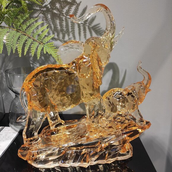 Large Crystal Elephant Sculpture with Baby Elephant, Golden Accents - Picture 4 of 10